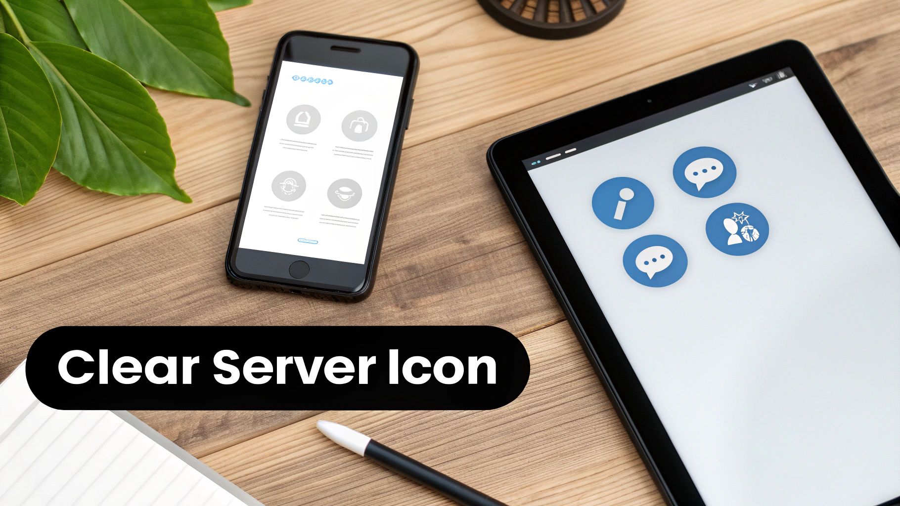 A top-down view of a smartphone and tablet displaying diverse application icons on a wooden desk.