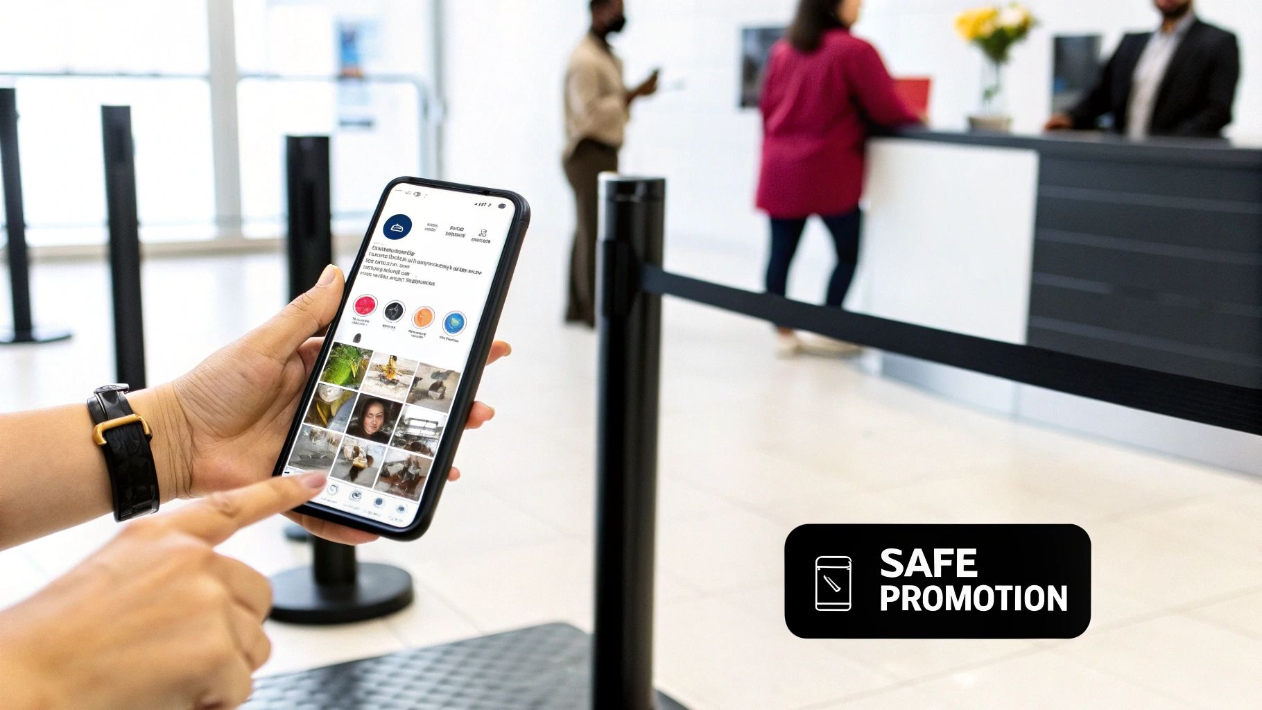 A person holds a smartphone displaying a social media feed in a lobby with queue barriers and blurred people.
