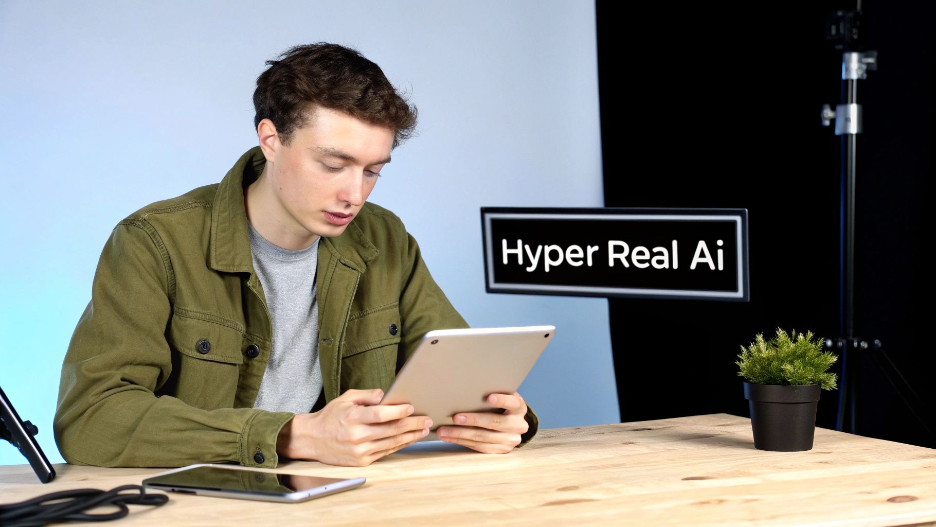 A young man intently uses a tablet at a desk, with 'Hyper Real Ai' on a screen behind him.