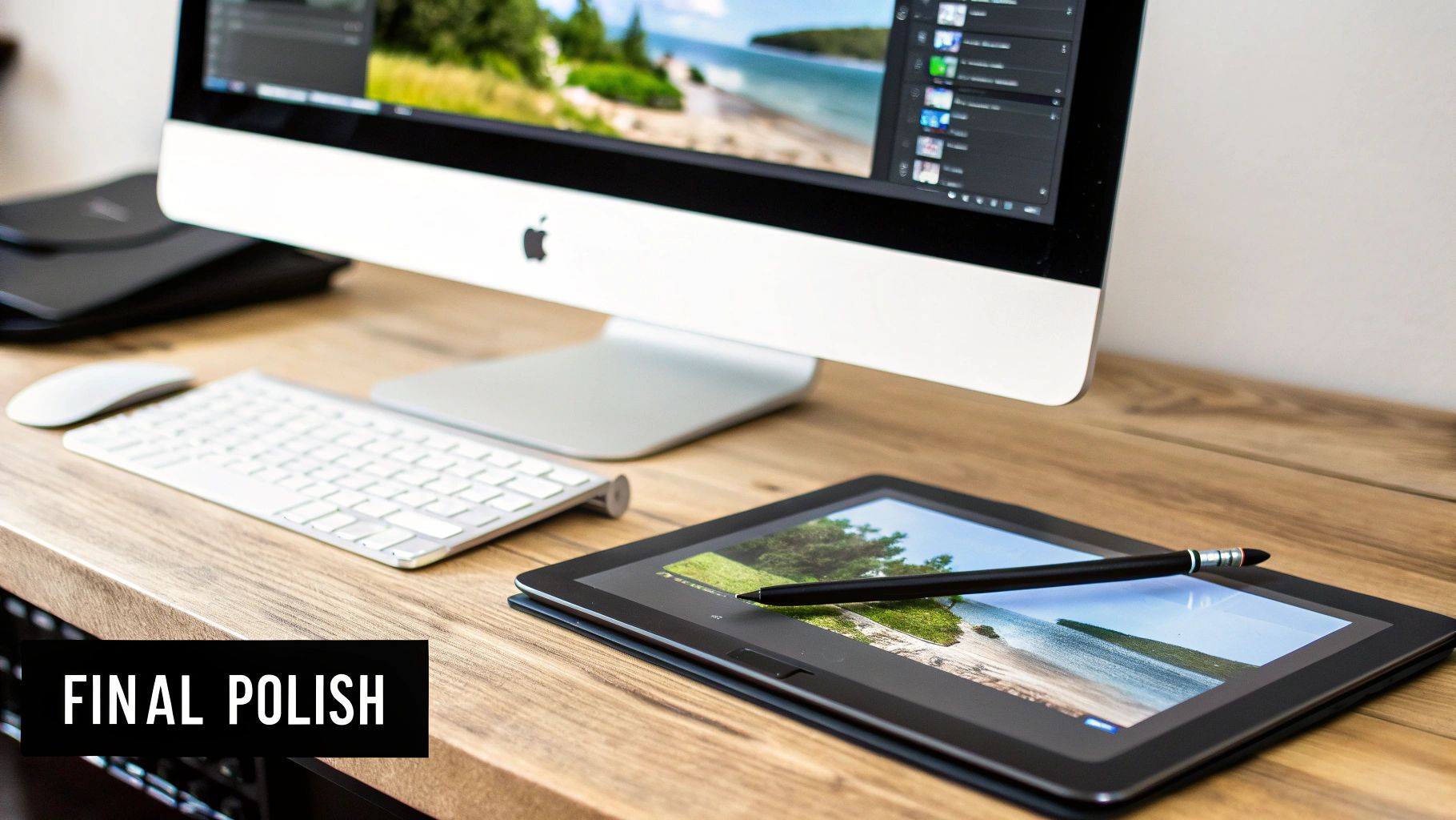 Digital workspace featuring Apple iMac, keyboard, mouse, tablet, and stylus on a wooden desk.