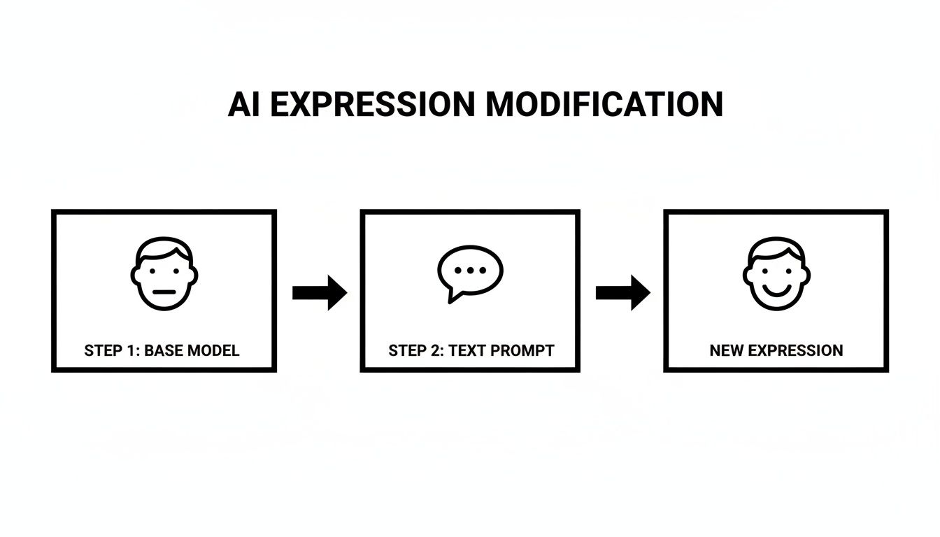 A diagram illustrating AI expression modification from a neutral face to a smiling face using a text prompt.