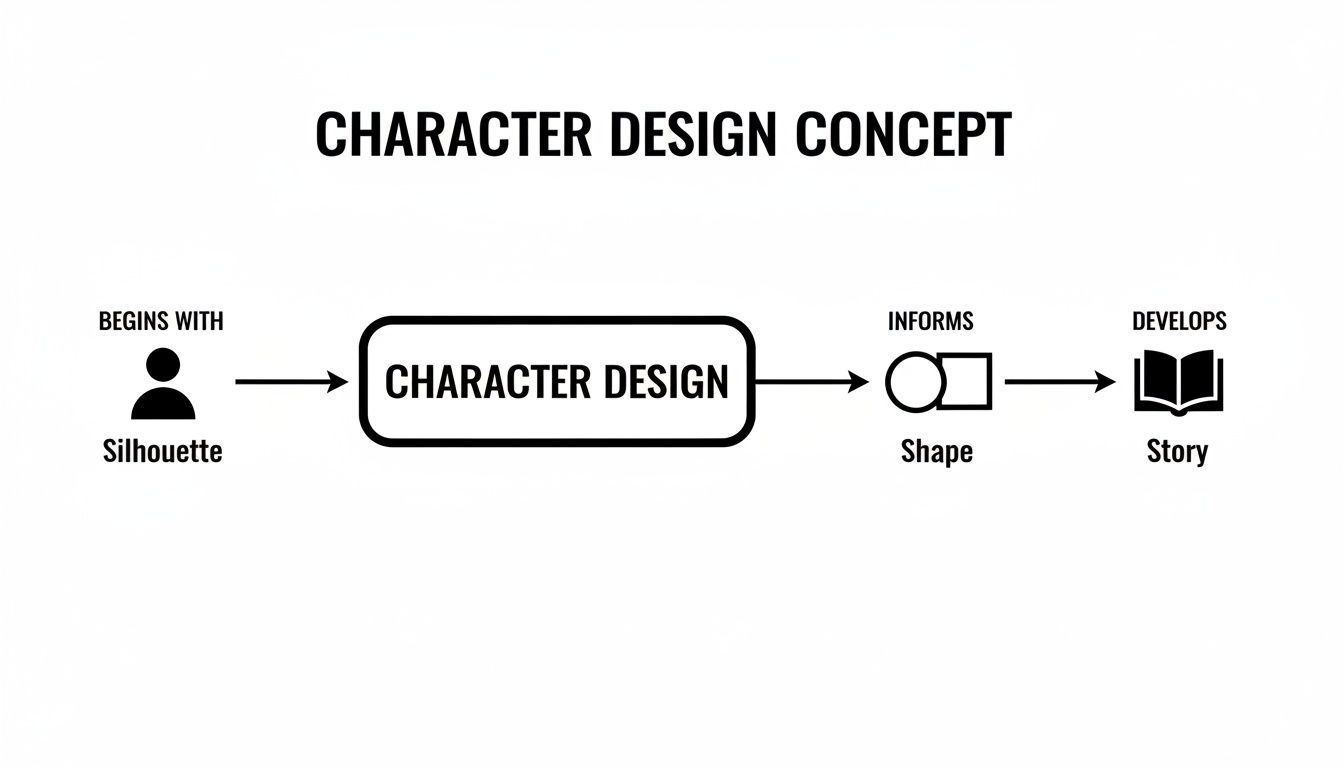 A character design concept diagram illustrating the process from silhouette, to character design, shape, and story.
