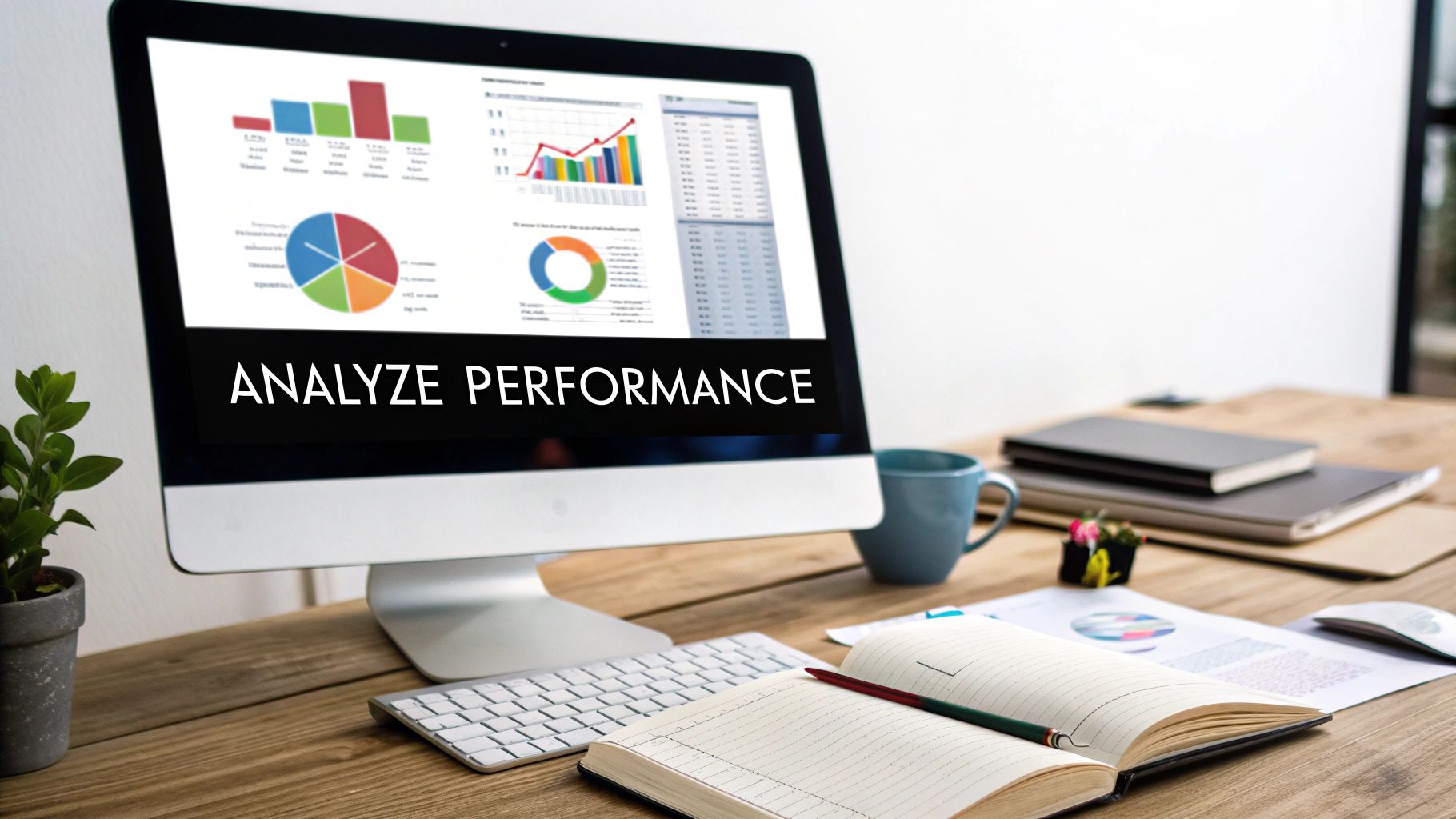 Computer screen showing 'ANALYZE PERFORMANCE' text, data charts, graphs on a wooden office desk.