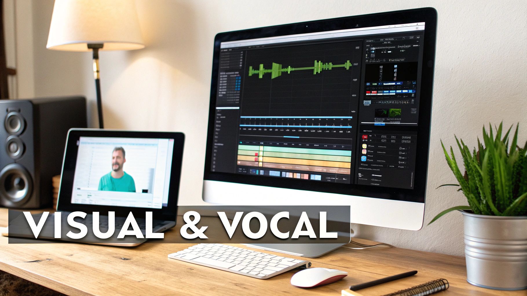 A desk with a laptop showing a man and a monitor displaying audio editing software, indicating visual and vocal content creation.
