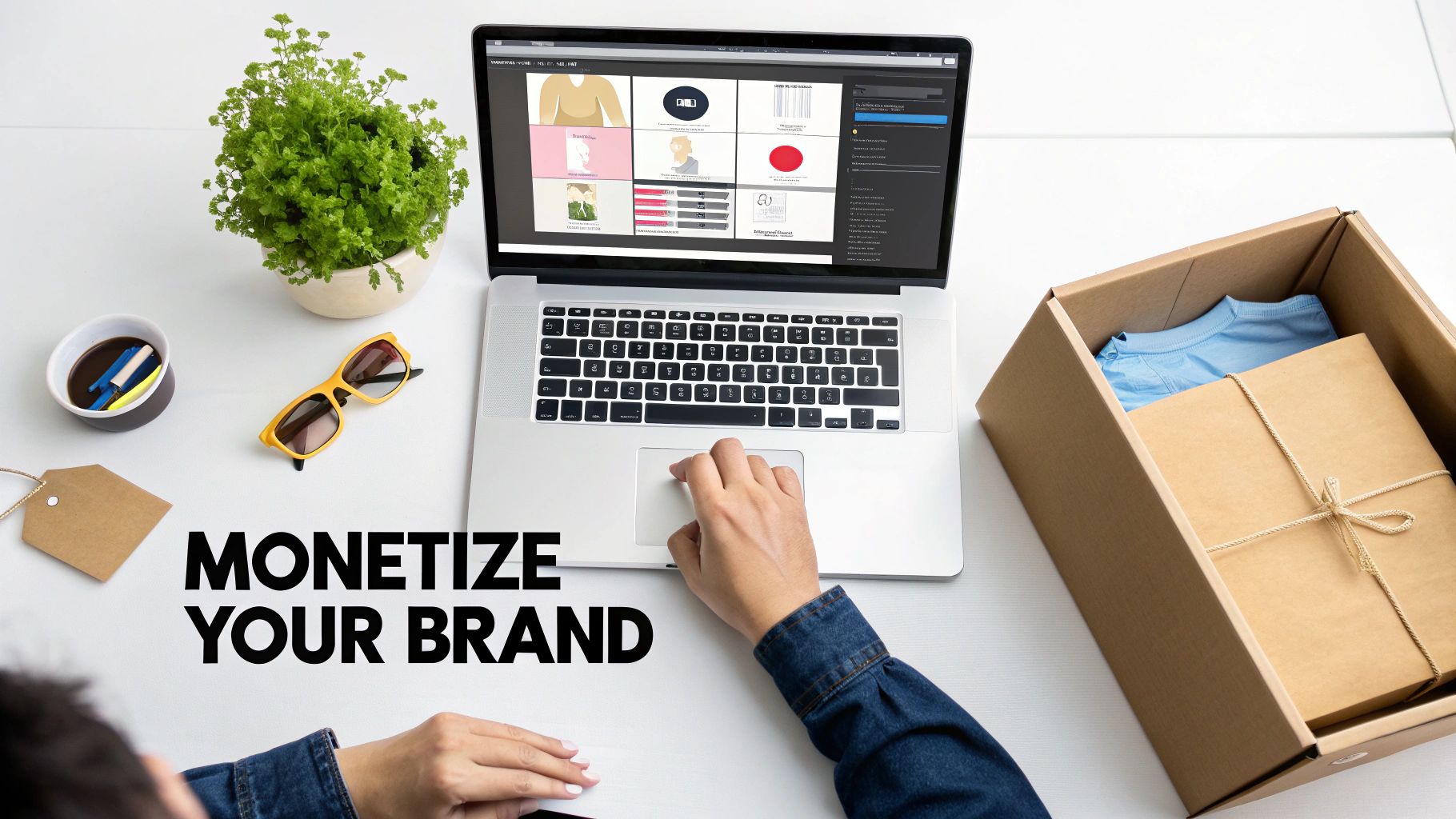 Overhead view of a person using a laptop with design software, next to merchandise boxes, symbolizing brand monetization.