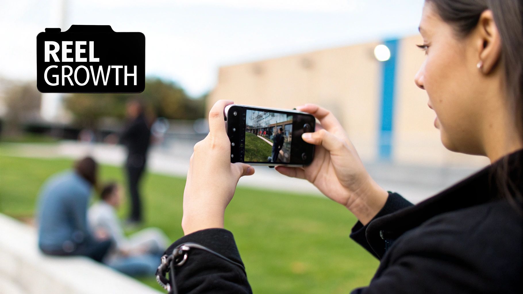 A person creating an Instagram Reel on their phone, with overlayed icons for music,text, and effects.