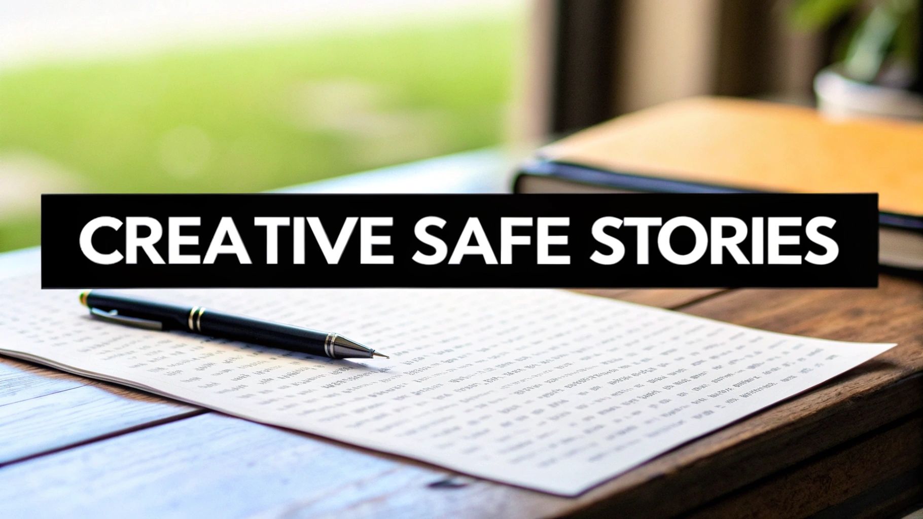 Creative safe stories text overlay on desk with pen, paper, and notebooks for writing content