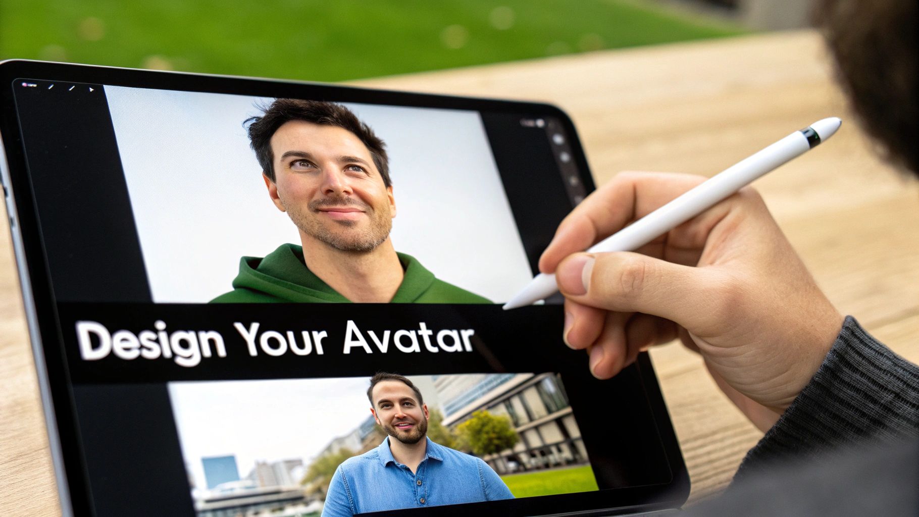Close-up of a hand using a stylus on a tablet screen displaying a man's face and "Design Your Avatar" text.