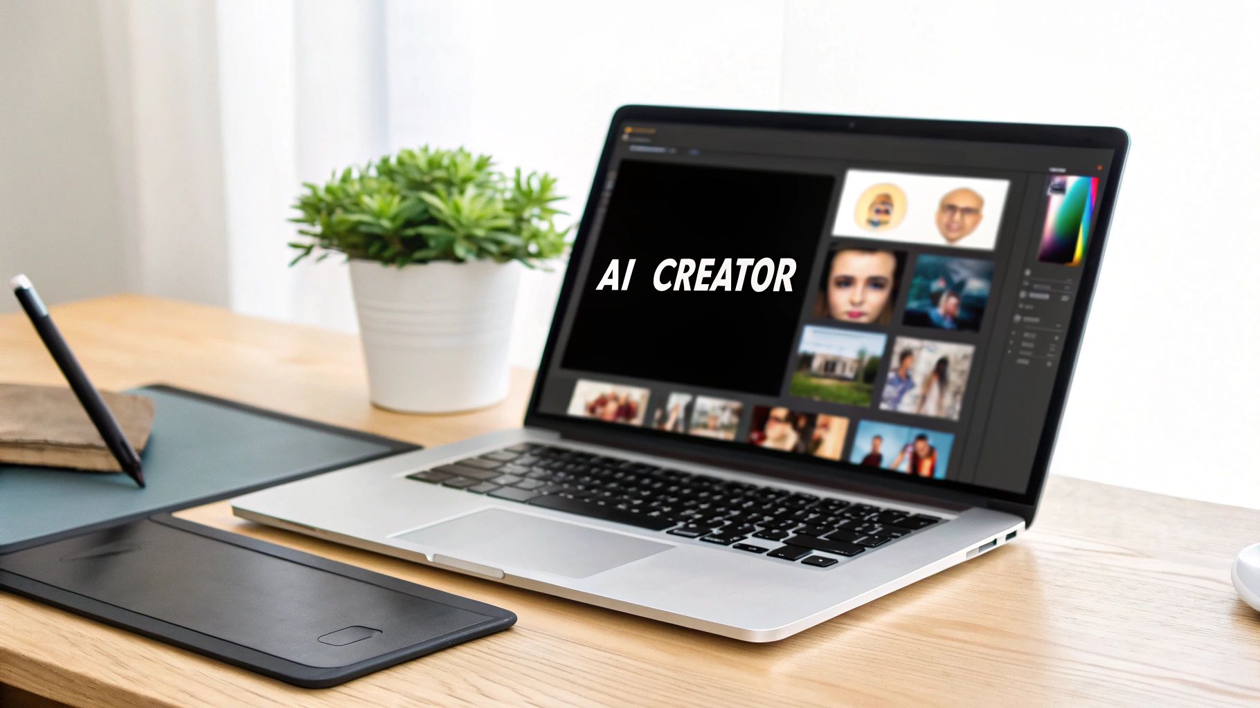 A laptop showing 'AI CREATOR' software with image thumbnails, a graphics tablet, and plant on a wooden desk.
