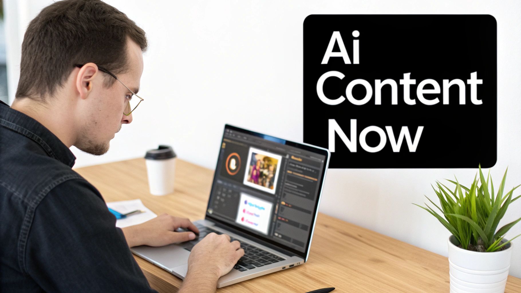 A man in glasses works on a laptop at a wooden desk with a 'AI Content Now' sign on the wall.
