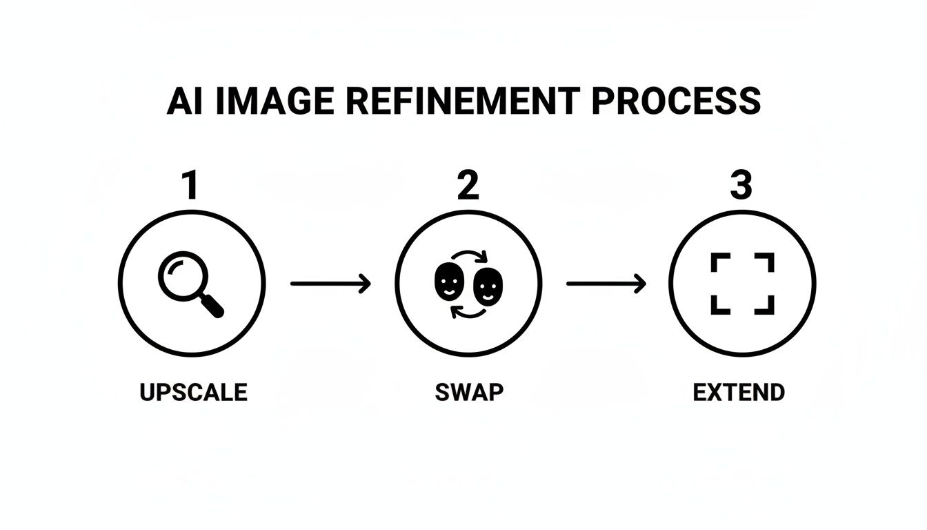 Flowchart illustrating the three-step AI image refinement process: upscale, swap, and extend.