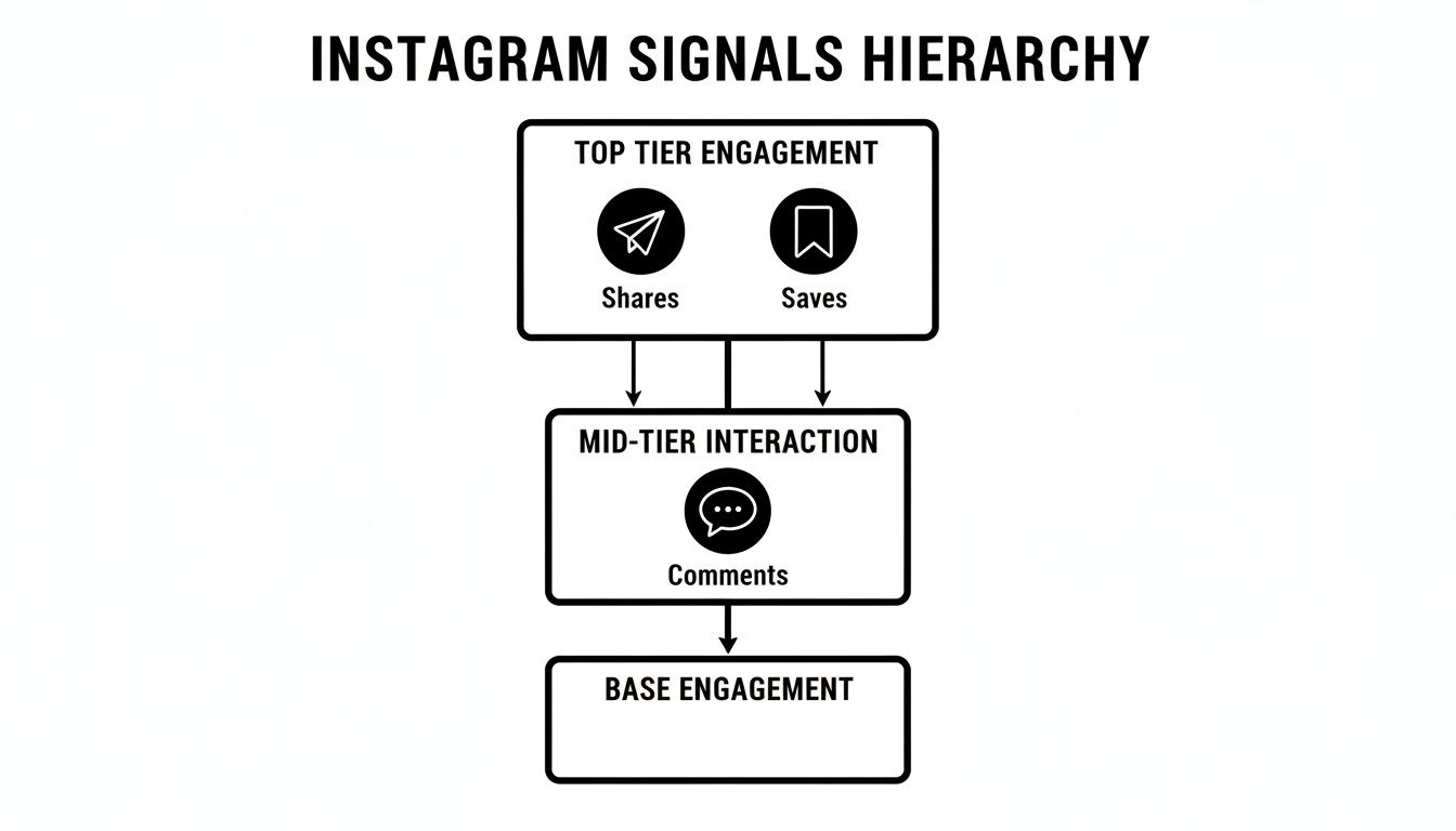 A diagram illustrating the Instagram signals hierarchy with shares and saves as top tier, comments mid-tier, and base engagement.