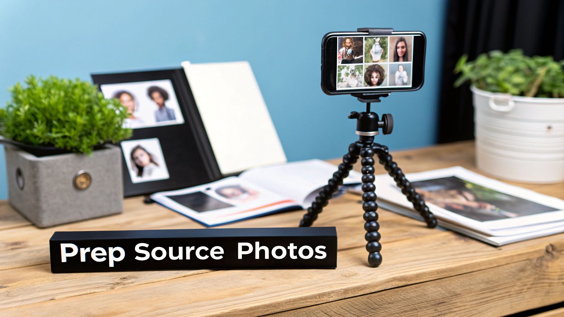 A desk with a smartphone on a tripod displaying photos, a photo album, and a sign saying 'Prep Source Photos'.