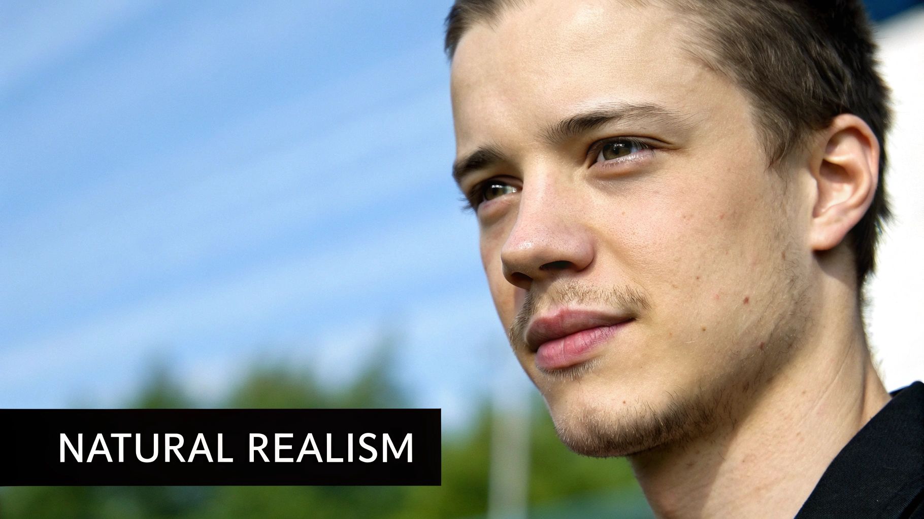 A young man with light stubble gazes upwards, outdoors under a bright blue sky.