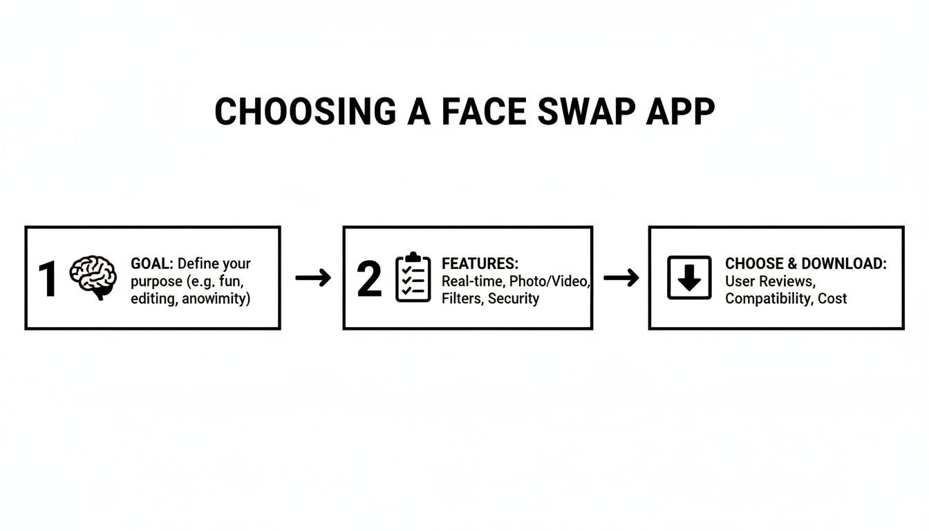 A three-step diagram outlining how to choose a face swap app, covering goals, features, and selection.