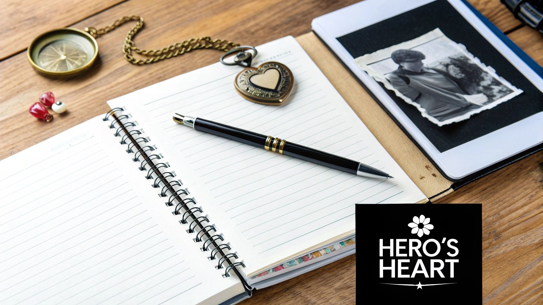 A vintage-themed desk with an open journal, pen, compass, heart locket, and an old photograph.