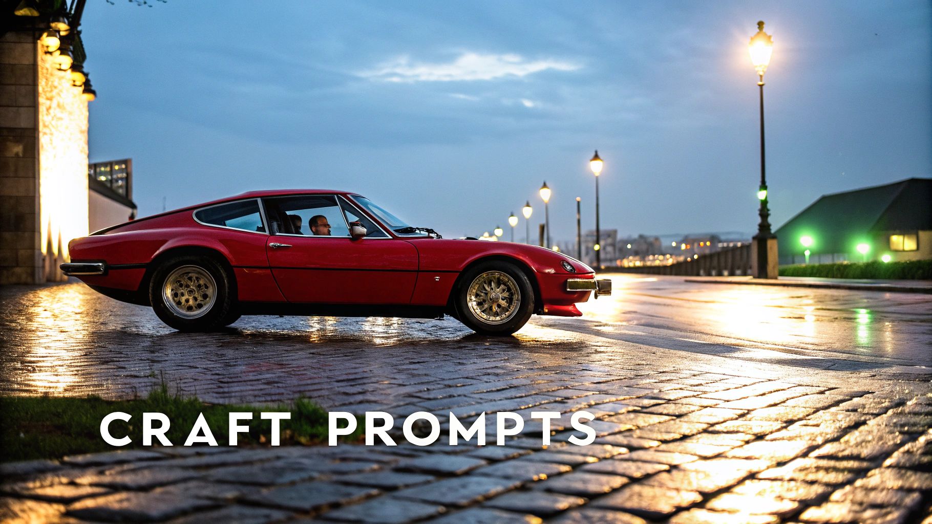 A realistic image of a vintage red sports car on a wet street.