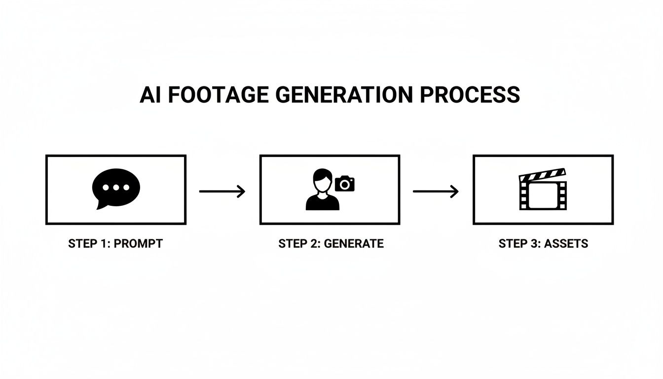 Diagram illustrating the three-step AI footage generation process: prompt, generate, and assets.