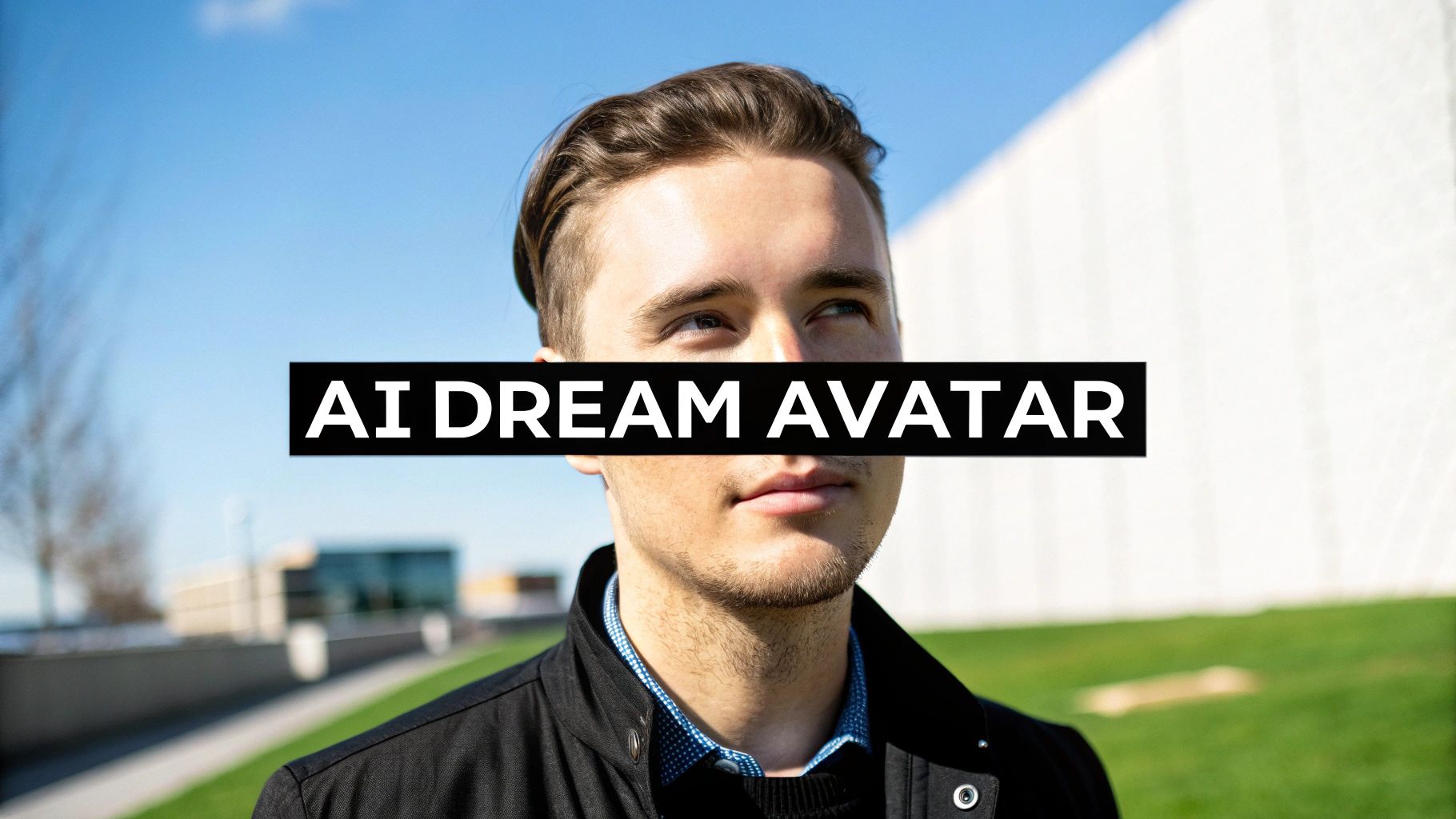 A young man looking up, with a black bar covering his eyes that reads 'AI DREAM AVATAR'.