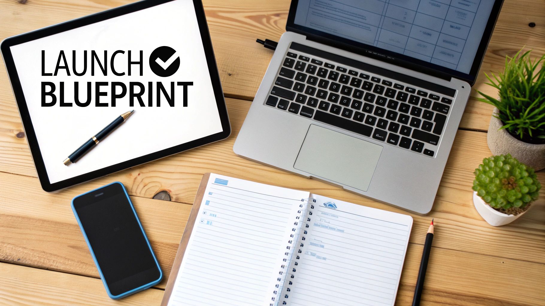 Flat lay of a business desk with a tablet showing 'Launch Blueprint', laptop, notebook, and plants.