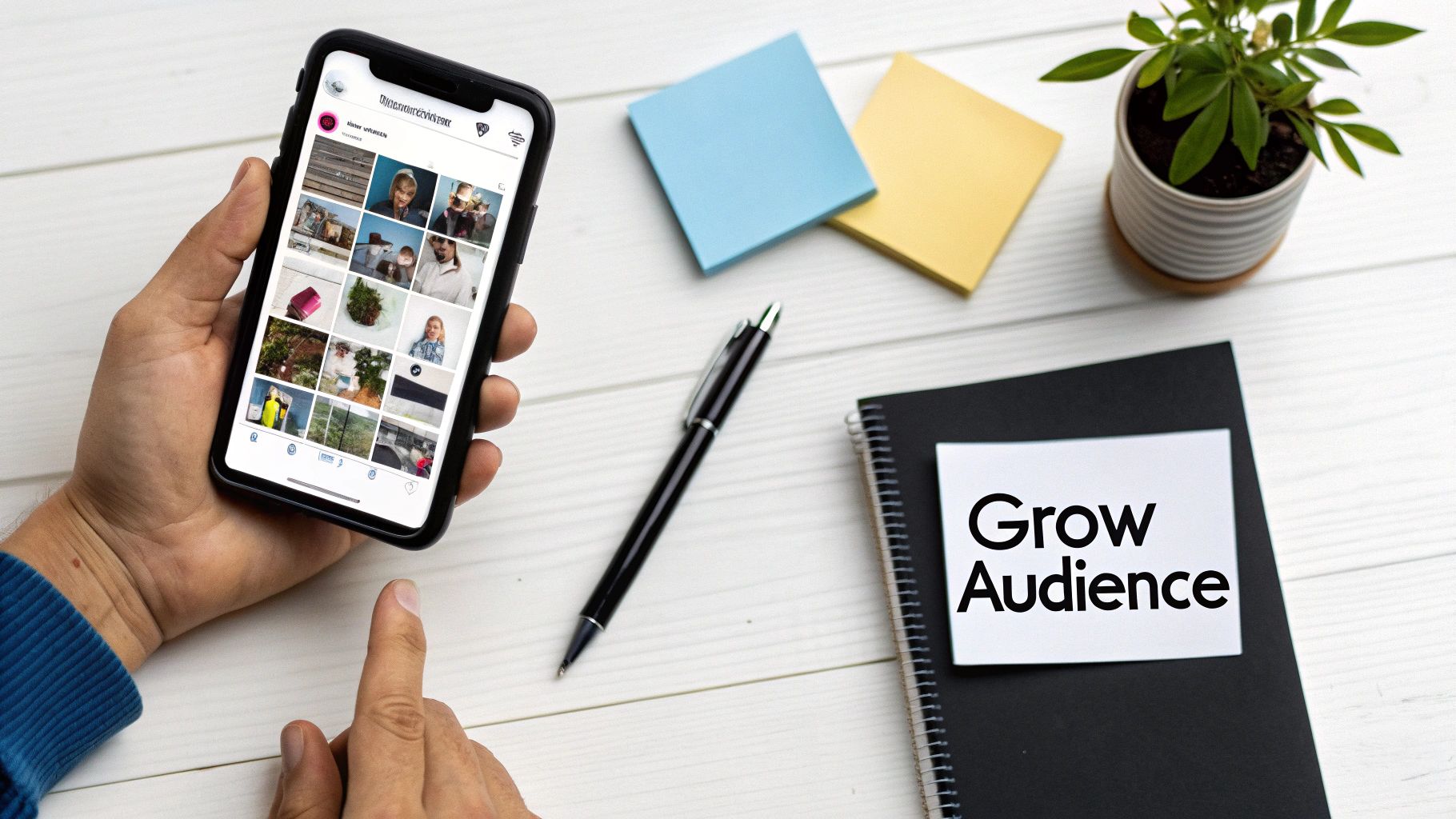 A person holds a smartphone showing a social media feed next to a notebook with 'Grow Audience' written on it.