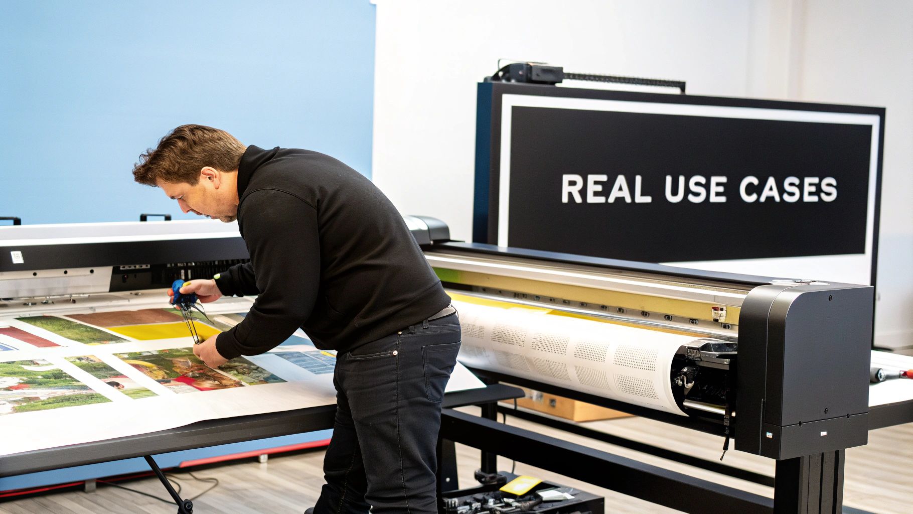 A professional photographer editing a high-resolution print on a large monitor in a modern studio.