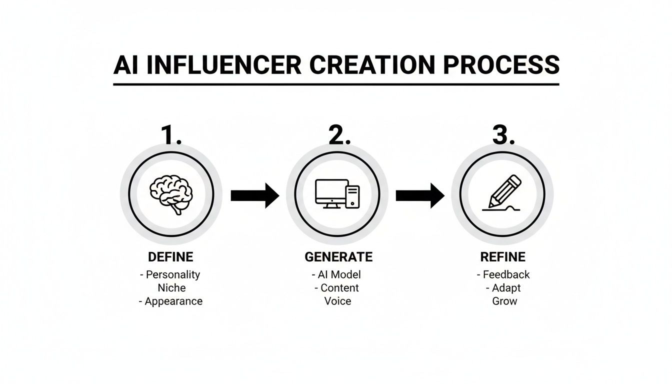 A three-step process diagram for AI influencer creation: Define, Generate, and Refine stages.