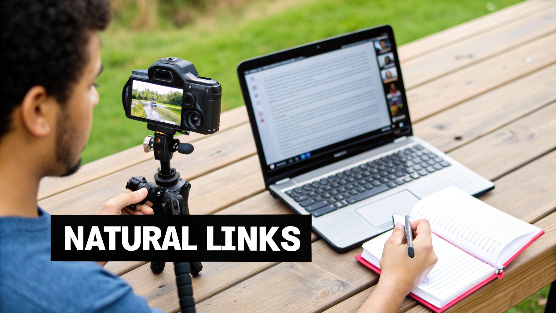 A creator's laptop screen showing a blog post with naturally embedded affiliate links.