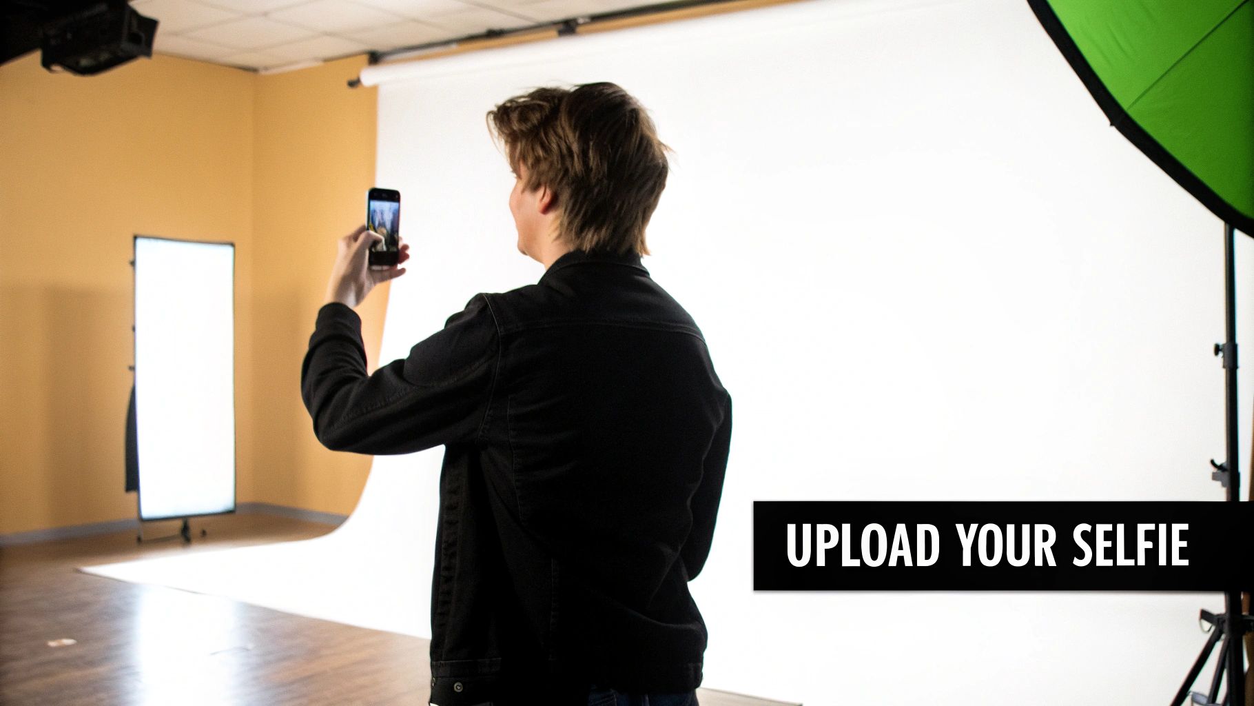 A person in a black jacket takes a selfie with a smartphone in a professional photo studio.