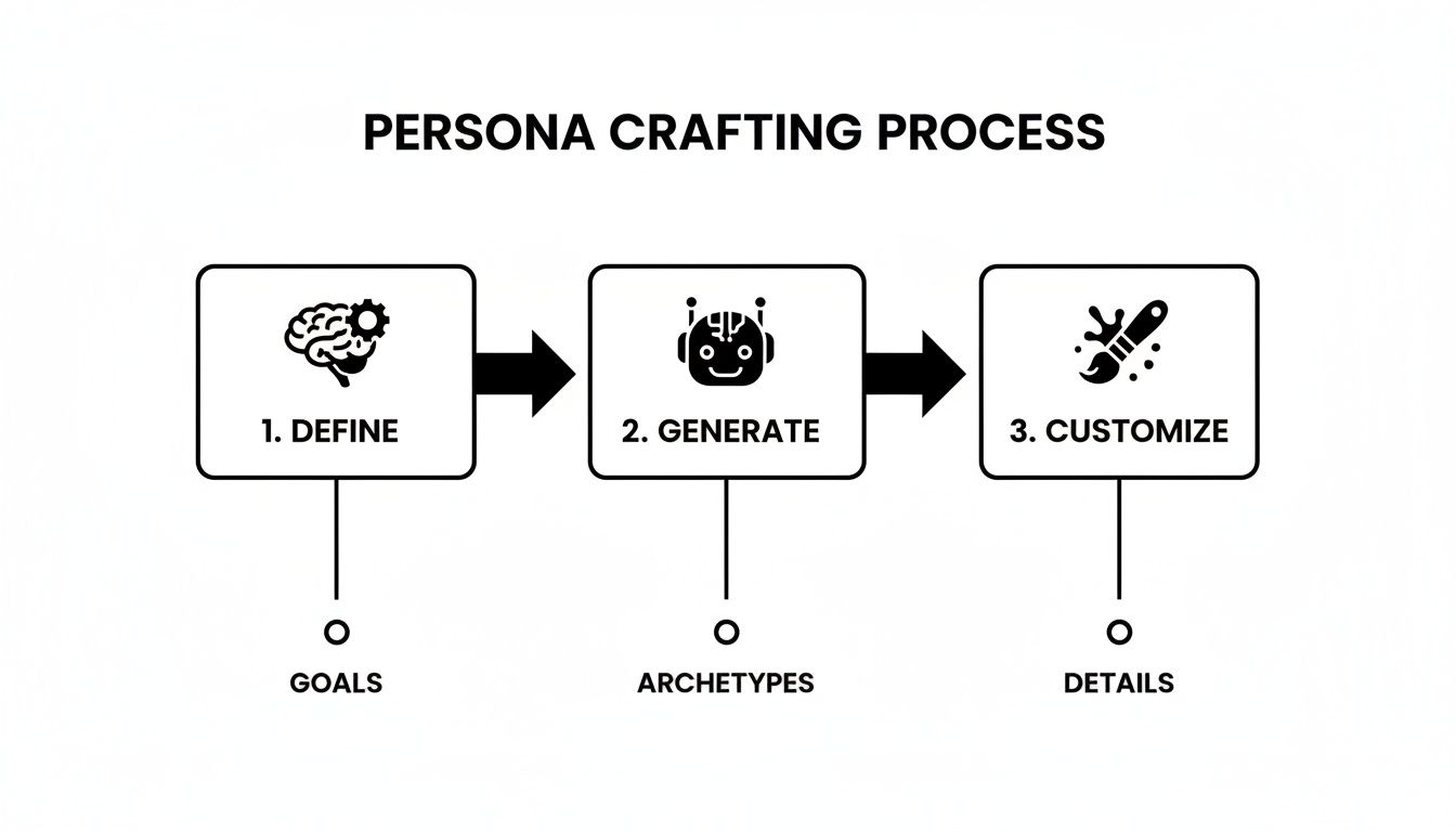 A three-step Persona Crafting Process diagram, outlining define goals, generate archetypes, and customize details.