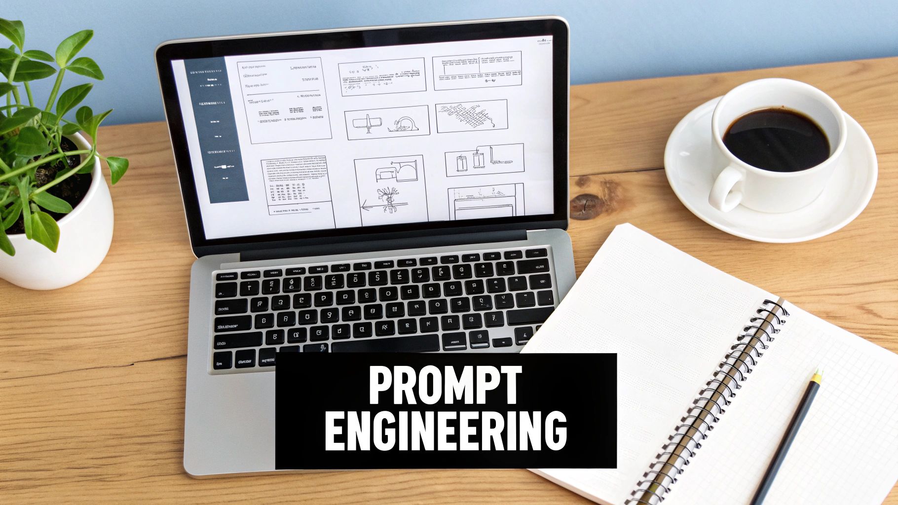Laptop displaying technical diagrams, coffee, and notebook on a desk, with 'PROMPT ENGINEERING' text.