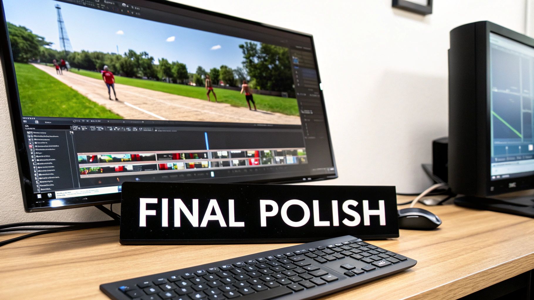 A video editing workstation with a monitor displaying a timeline and a 'FINAL POLISH' sign.