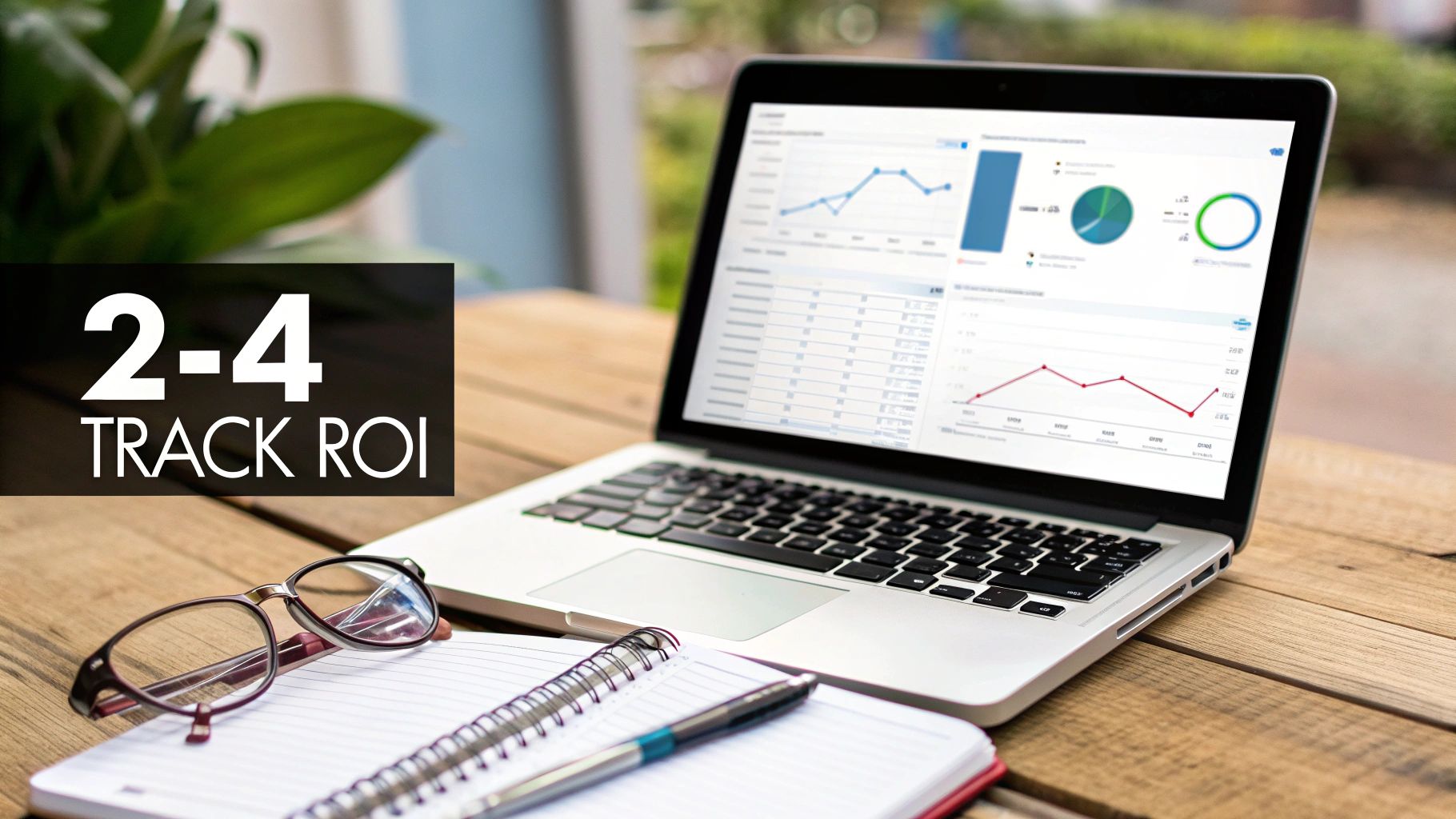 Laptop displaying business analytics, graphs, and charts with glasses, notebook, and 'TRACK ROI' text.