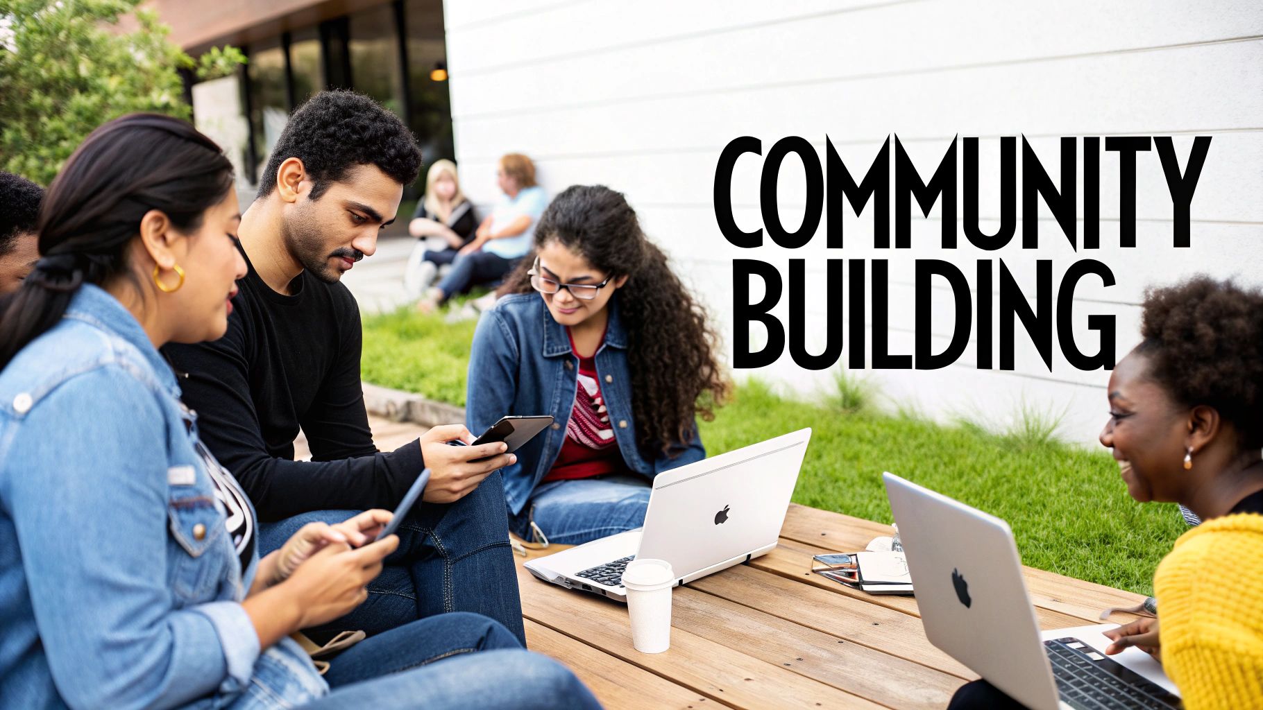 A diverse group of people engaging in an online video call, smiling and interacting, representing a vibrant digital community.