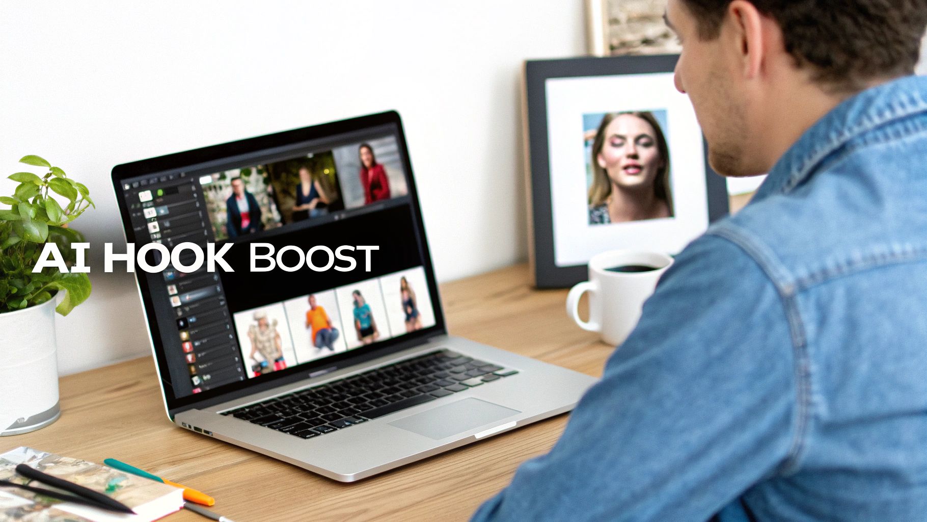 A man watches his laptop displaying video content with 'AI HOOK BOOST' text, likely for social media.