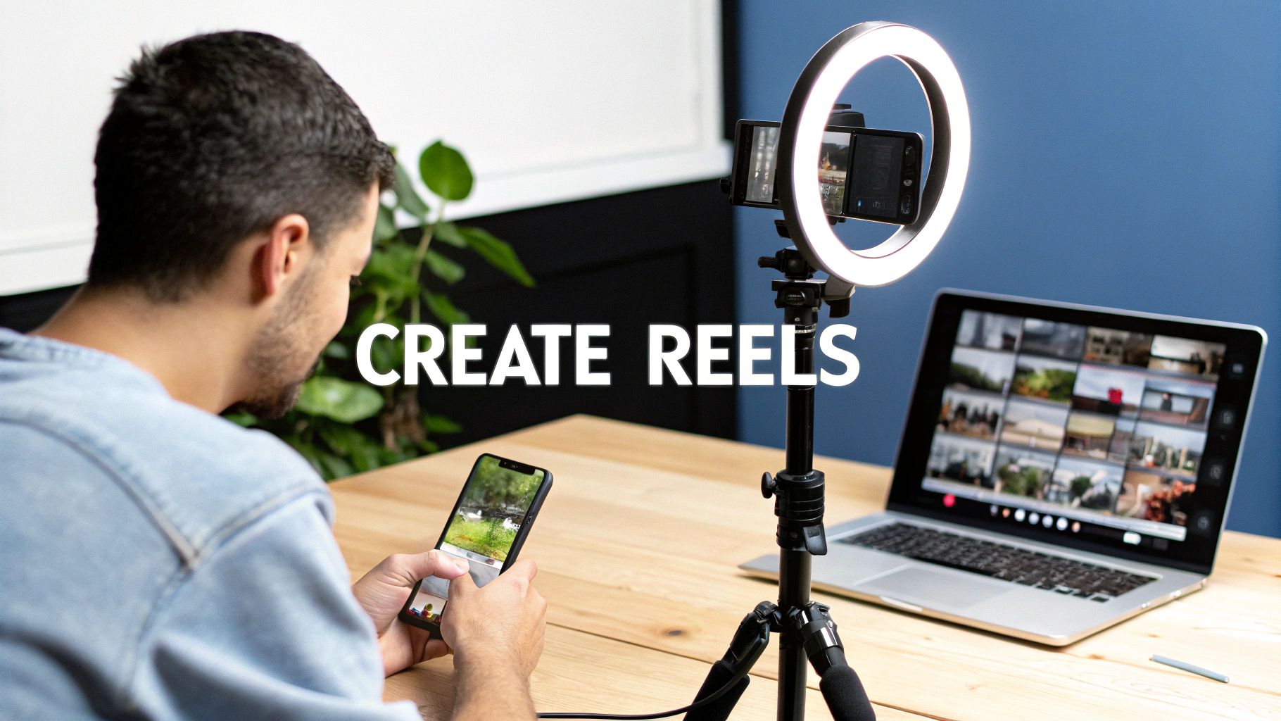 Man creating Instagram Reels content using smartphones, a ring light, and a laptop.