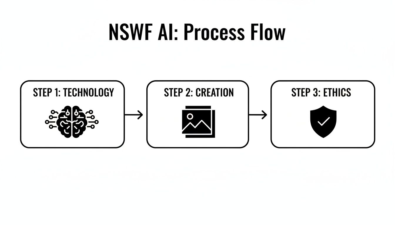 A flowchart titled 'NSWF AI: Process Flow' illustrating three steps: Technology, Creation, and Ethics.