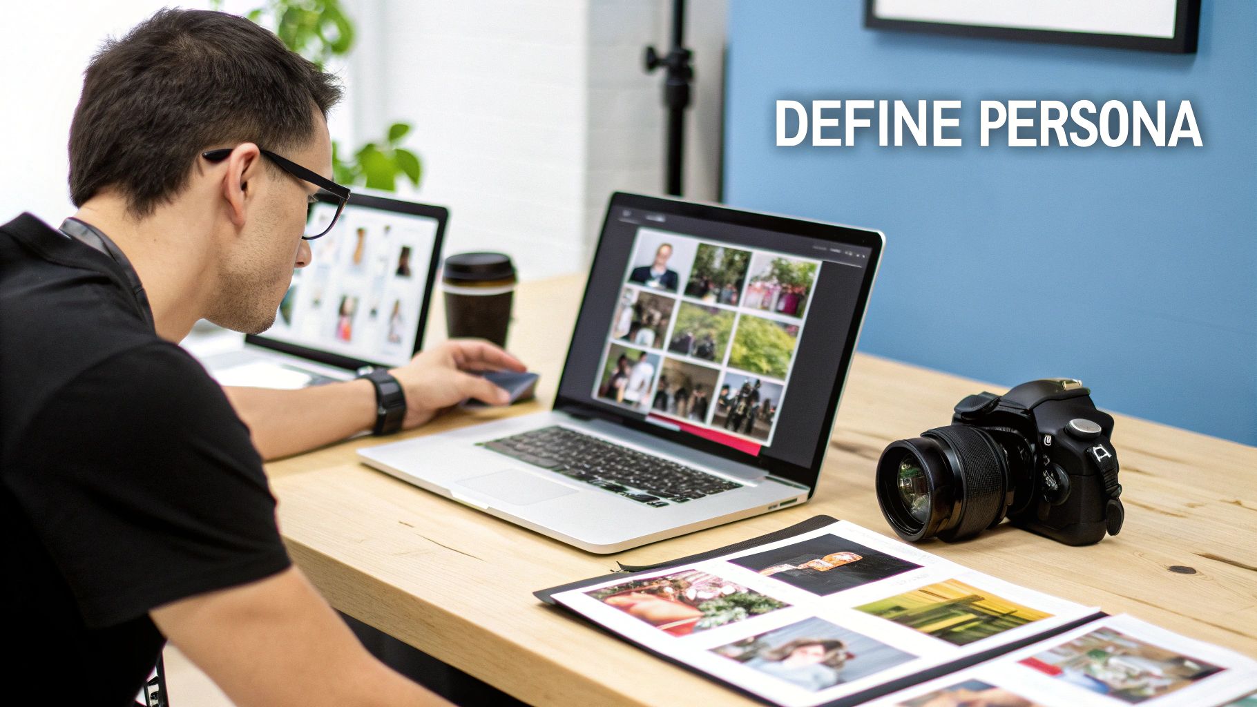 A person defining a persona by selecting photos on a laptop, with a camera and prints on a wooden desk.