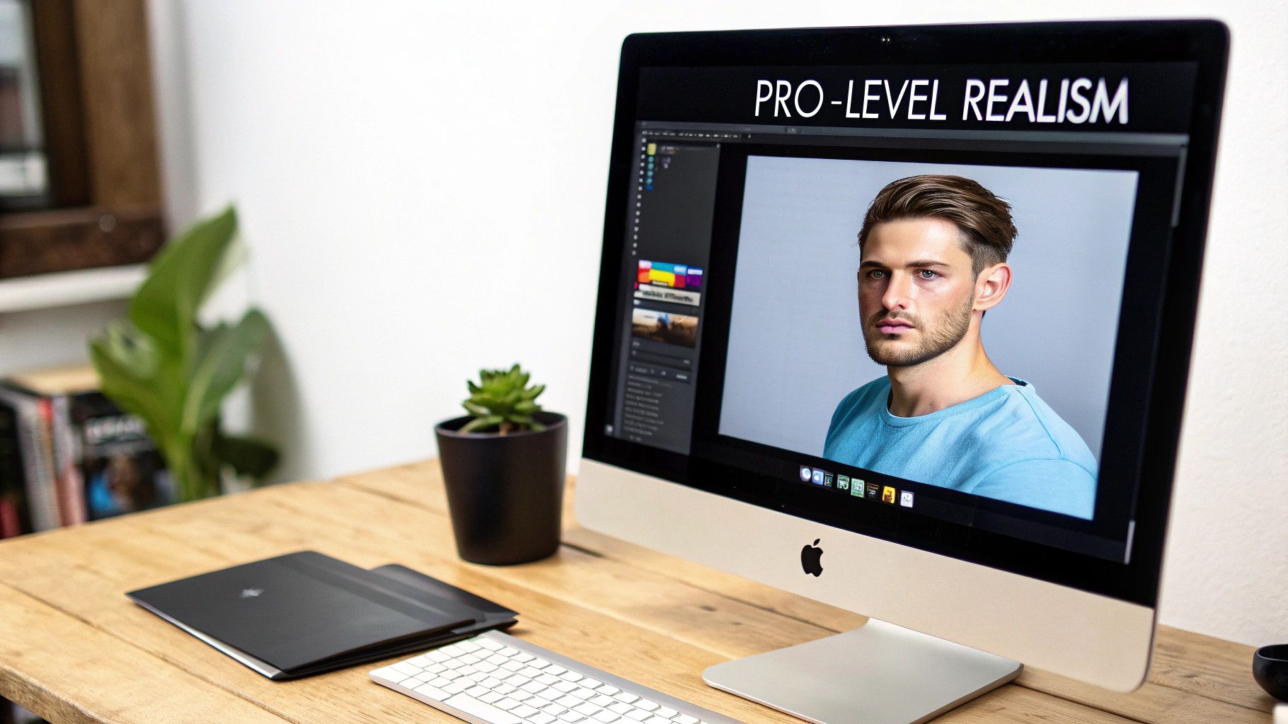 A computer screen displays a man's realistic portrait with 'PRO-LEVEL REALISM' text in a modern workspace.