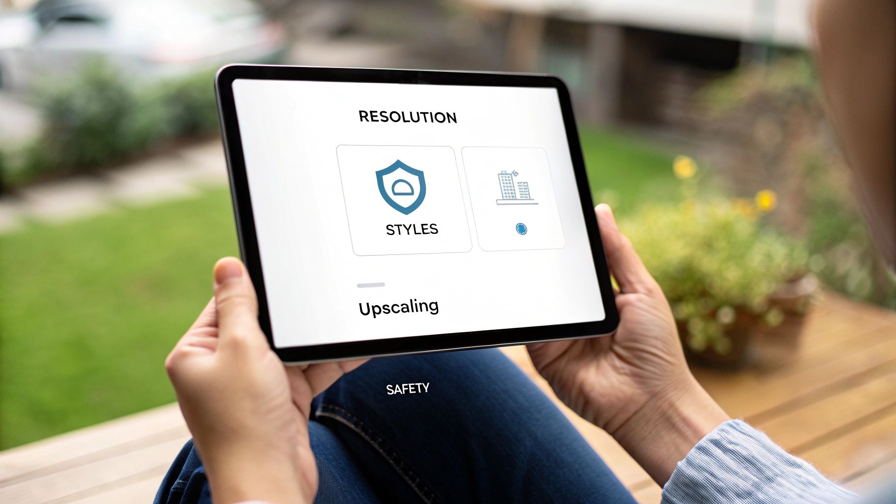 Hands holding a tablet displaying a digital interface with resolution, styles, and upscaling options.