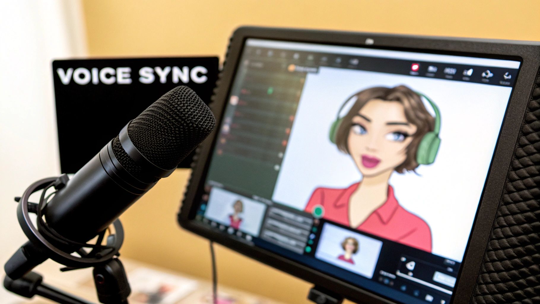 An AI avatar sitting at a desk with a laptop and coffee, representing content strategy planning.