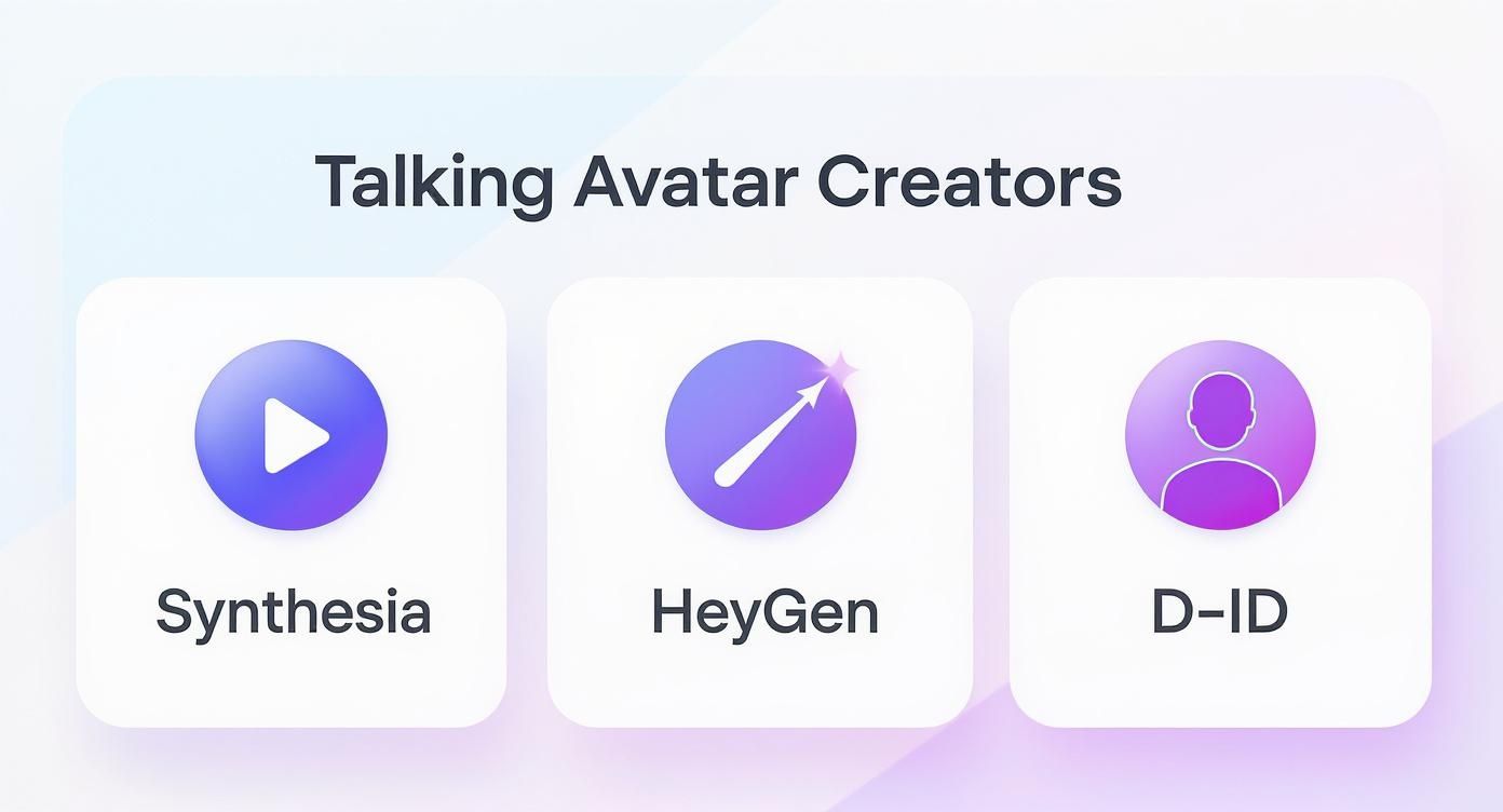 Three prominent talking avatar creators: Synthesia, HeyGen, and D-ID, each with their distinct logo.