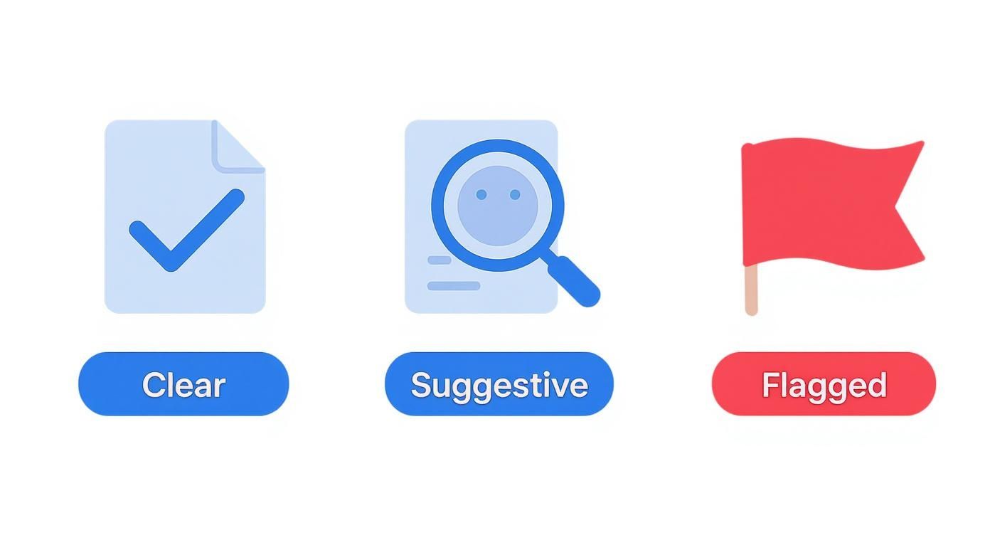 Three content moderation options showing clear, suggestive, and flagged status icons with checkmark, magnifying glass, and red flag