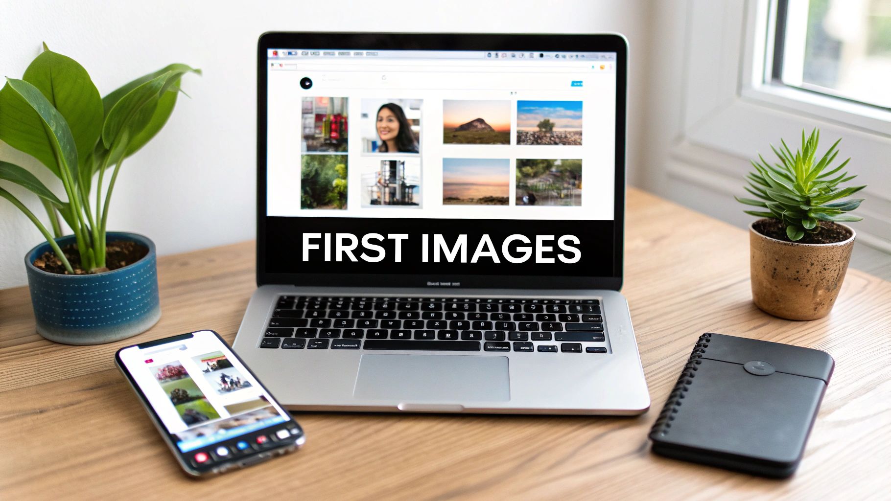 A modern workspace setup featuring a laptop with an image gallery, a smartphone, plants, and a notebook.