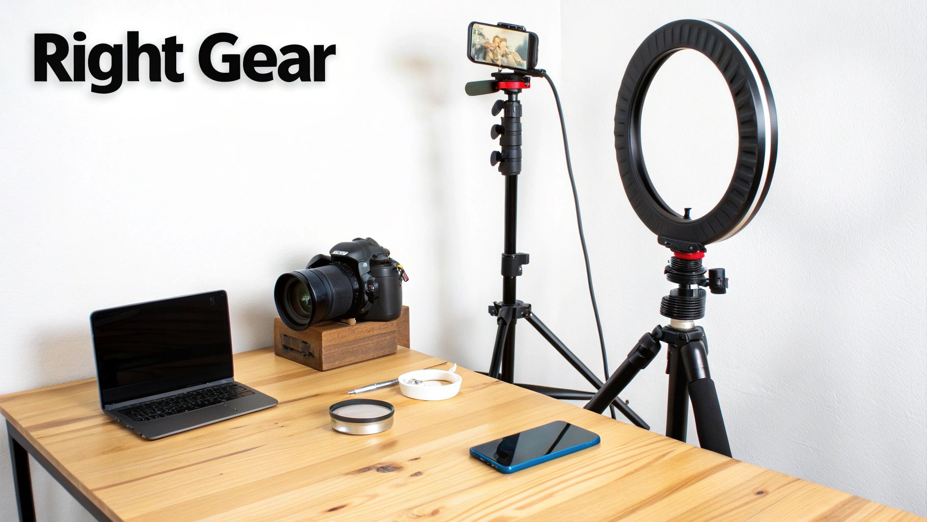 A professional video production setup with a laptop, camera, smartphone, and ring light.