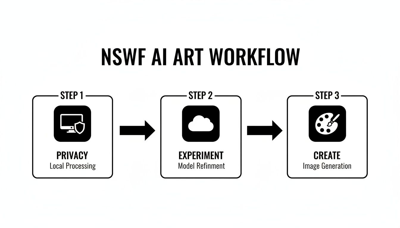 Diagram illustrating a three-step NSFW AI art workflow, covering Privacy, Experiment, and Create phases.
