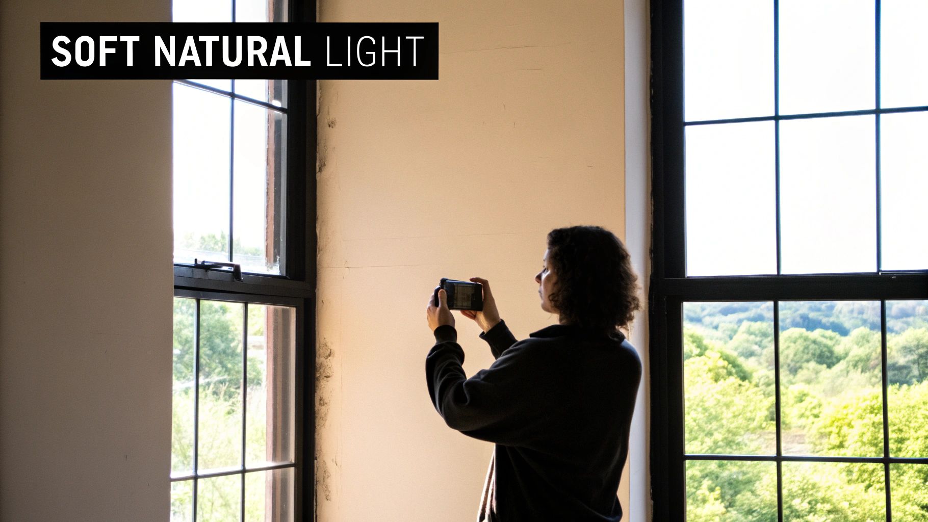 A person holds a smartphone horizontally, capturing a photo of a wall bathed in soft natural light.