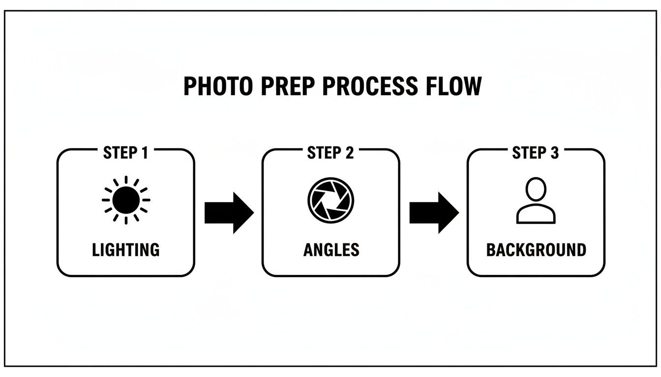 A three-step photo preparation process flow diagram showing Lighting, Angles, and Background.