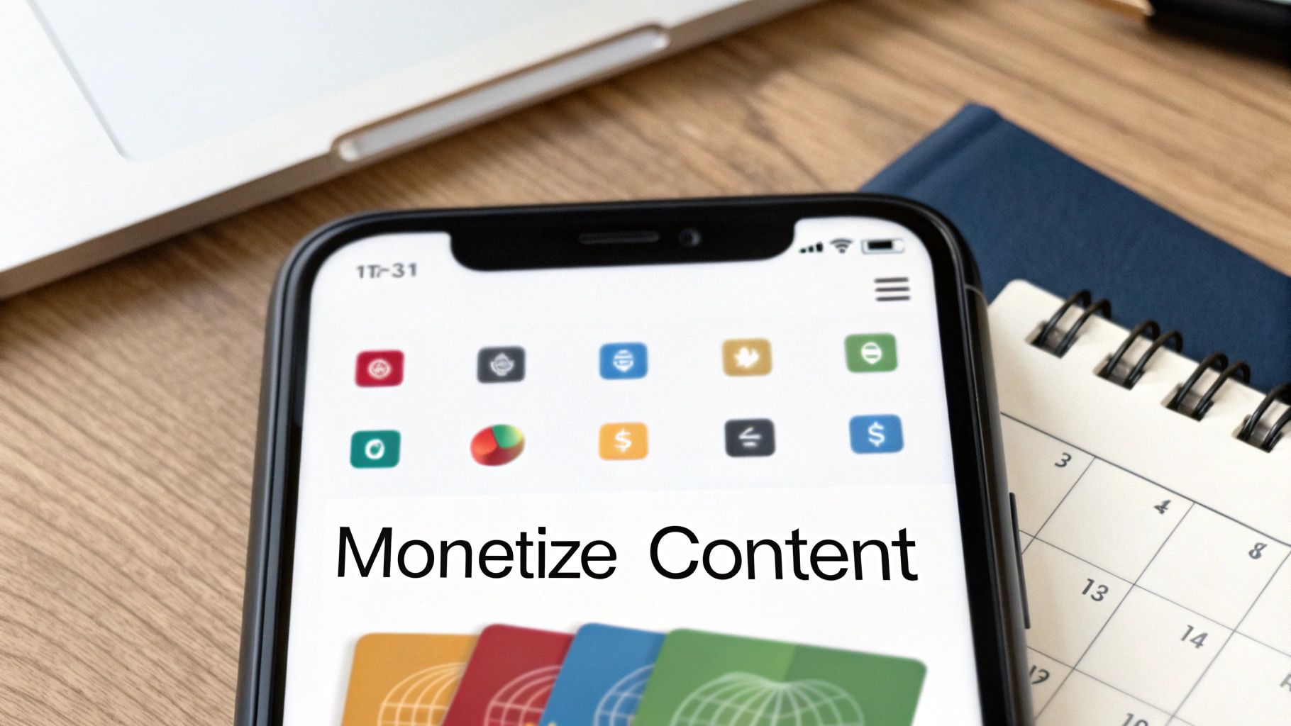A smartphone displays 'Monetize Content' text, surrounded by finance-related app icons and credit cards.