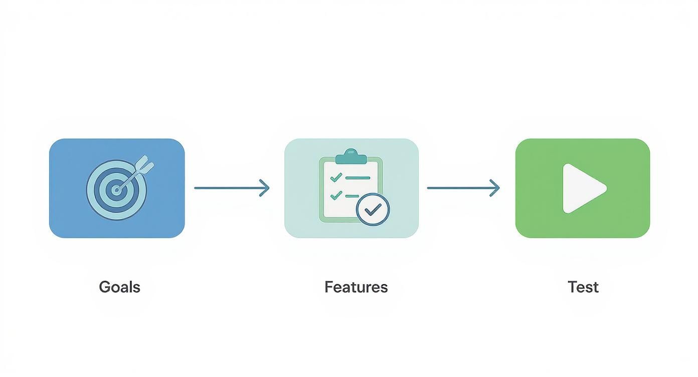 Infographic showing a three-step process for choosing an AI video tool with icons for Goals, Features, and Test.